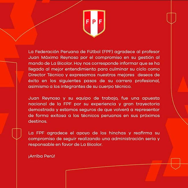 Comunicado de la FPF sobre salida de Juan Reynoso.   