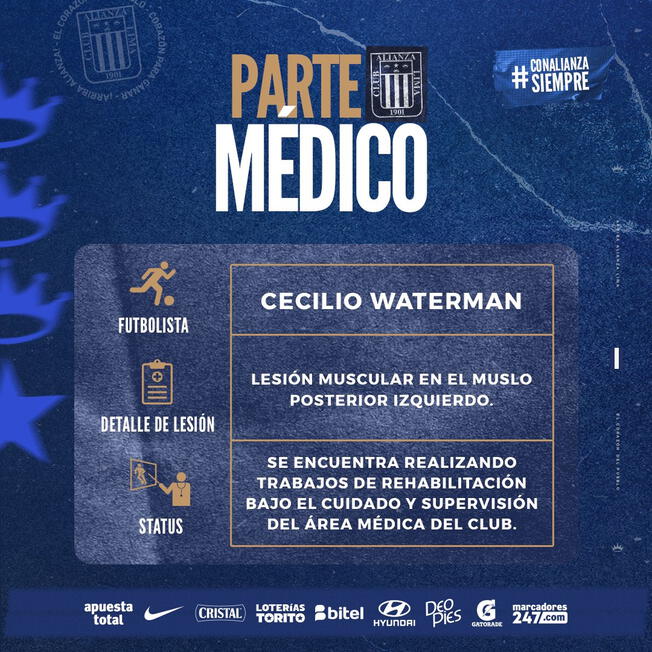 El parte médico de Alianza Lima sobre Cecilio Waterman y su lesión.   