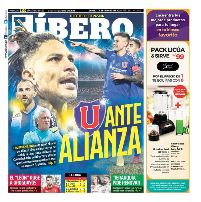 Portada de Líbero que informa sobre decisión con U. de Chile.   