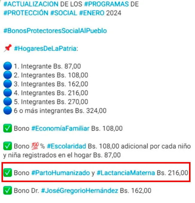  El Bono Parto Humanizado y Lactancia Materna para enero 2024 es de 216 Bs.    