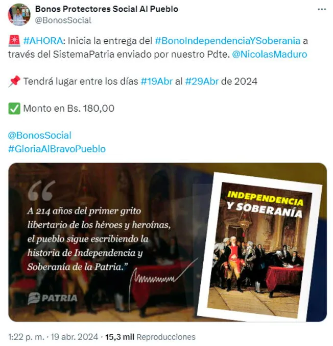 El Bono Independencia y Soberanía se paga en abril 2024.   
