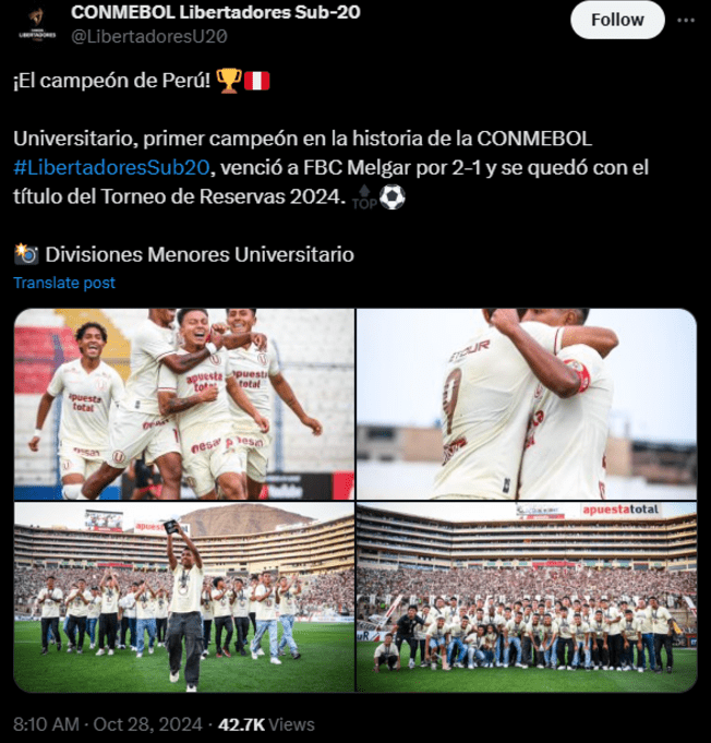  Conmebol felicita a Universitario de Deportes. 