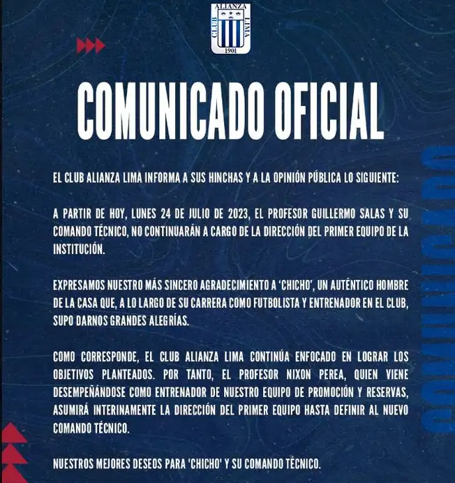 Alianza Lima confirmó la salida de Guillermo Salas   