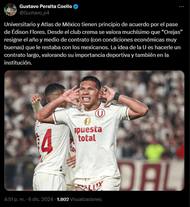 Universitario llegó a principio de acuerdo con Atlas por el pase de Edison Flores. Foto: X - Gustavo Peralta   