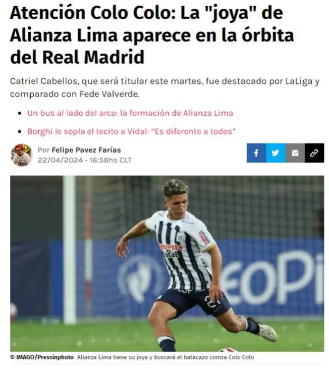 Prensa chilena en alerta por Catriel Cabellos, jugador de Alianza Lima/Foto: Redgol 