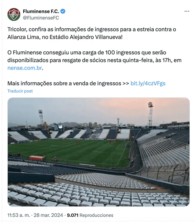 Fluminense anunció las entradas dadas por Alianza Lima   