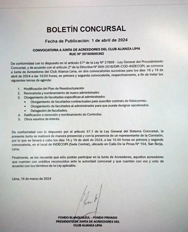 Boletín Concursal para anunciar la Convocatoria a Junta de Acreedores.   