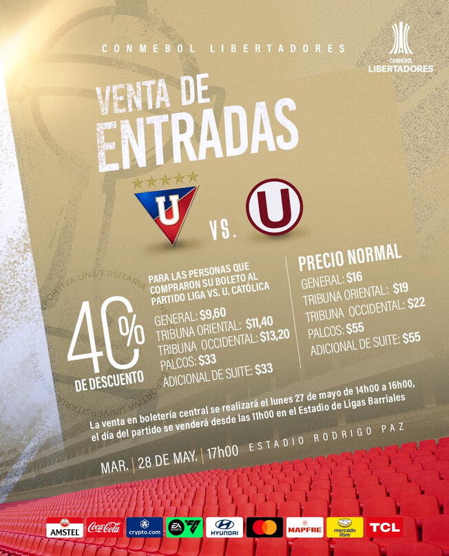 Precio de los tickets para el Liga de Quito vs. Universitario.   