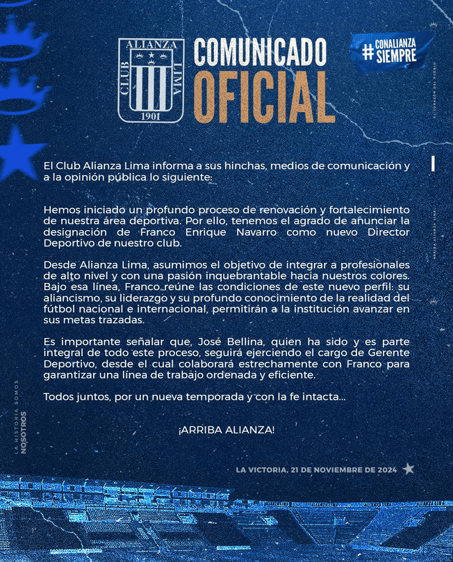 Alianza Lima, comunicado oficial sobre Franco Navarro.   