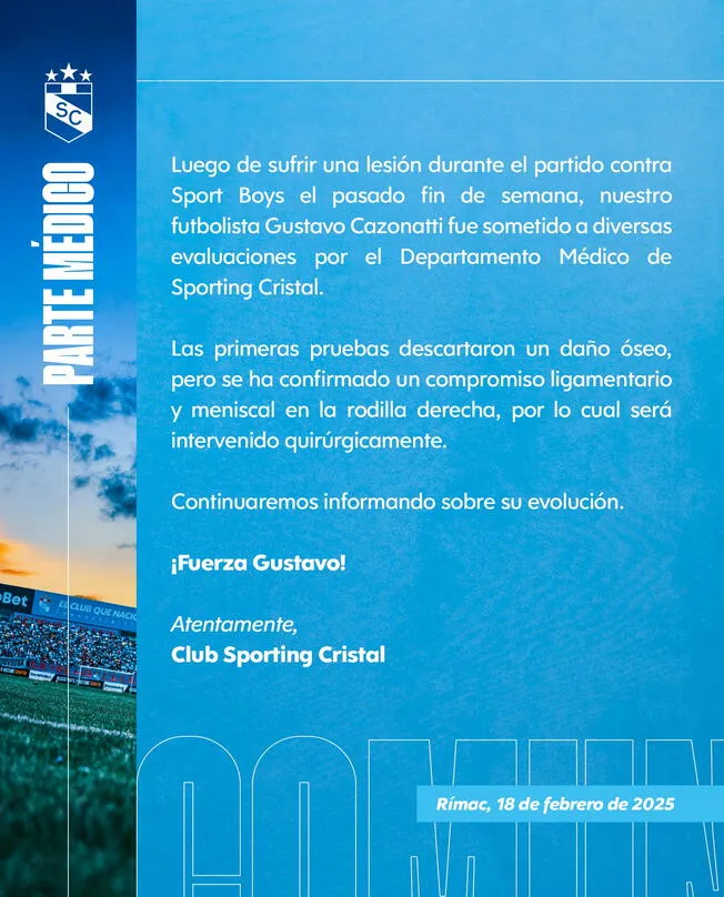 Parte médico de la grave lesión de Gustavo Cazonatti. Foto: Sporting Cristal   