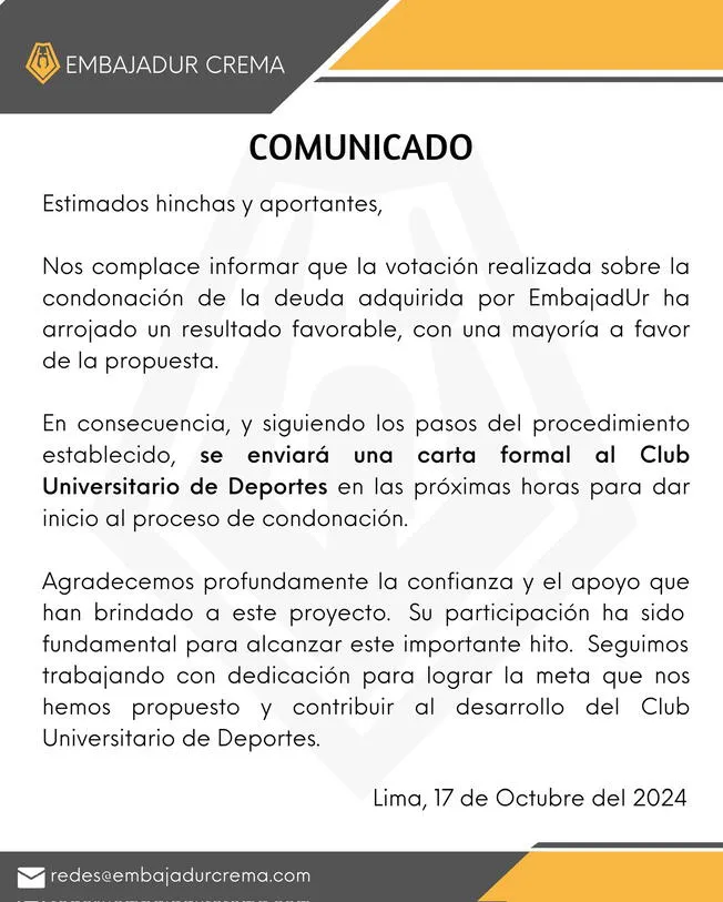 El comunicado de Embajadur Crema 