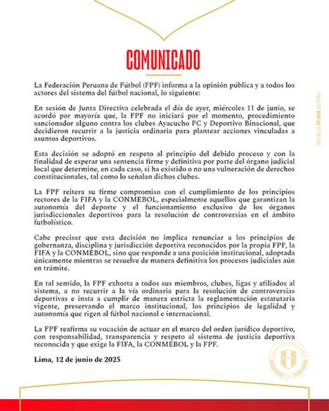 Comunicado de la FPF sobre Binacional y Ayacucho FC. Comunicado de la FPF sobre Binacional y Ayacucho FC.