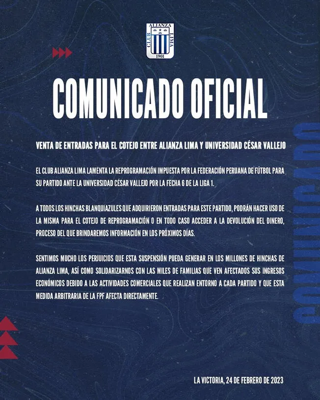 Alianza Lima se pronunció sobre la suspensión del partido con Vallejo y las  entradas vendidas