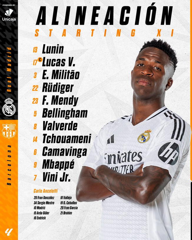 Once de Real Madrid para enfrentar a Barcelona/Foto: X   