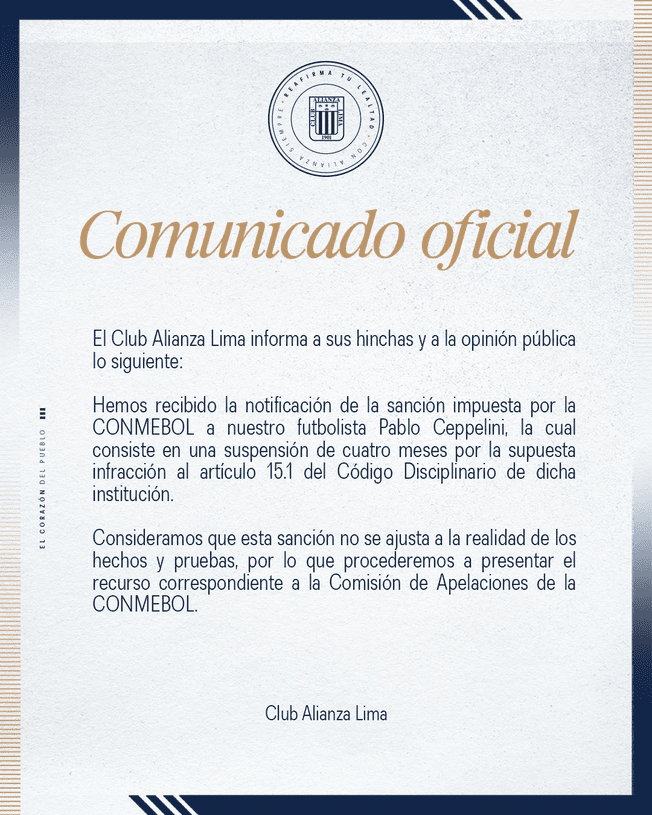  Comunicado de Alianza Lima tras sanción a Pablo Ceppelini 