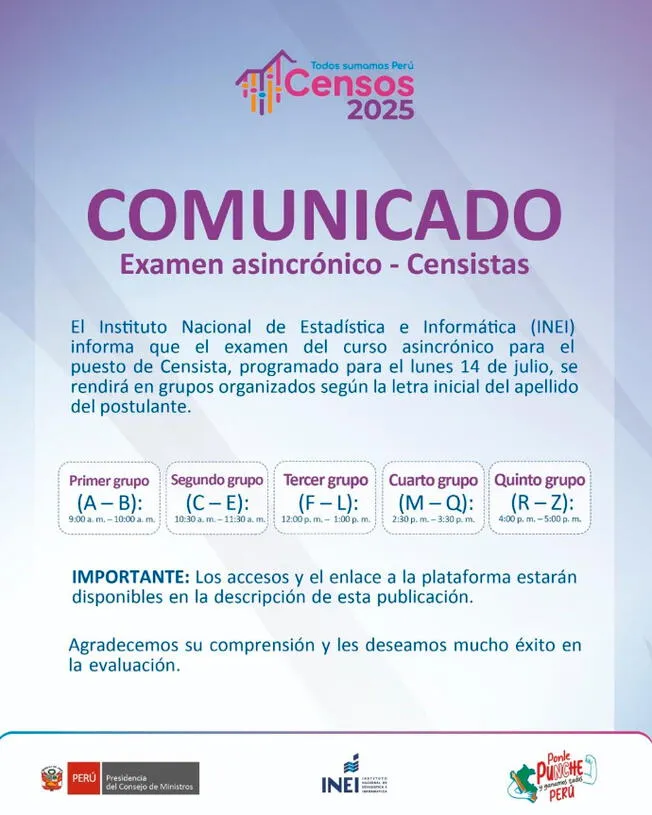 El 14 de julio se realiz el examen del curso asincrnico para participar de los Censos Nacionales. | Imagen: INEI 
