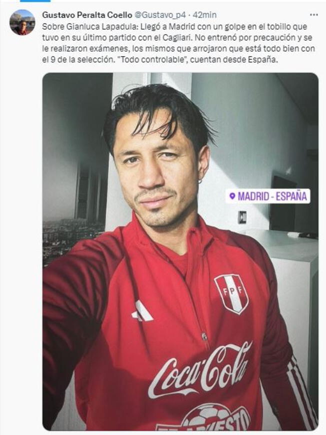 Gianluca Lapadula no asistió a los entrenamientos del equipo peruano como medida de precaución. (Twitter: Gustavo_p4)   