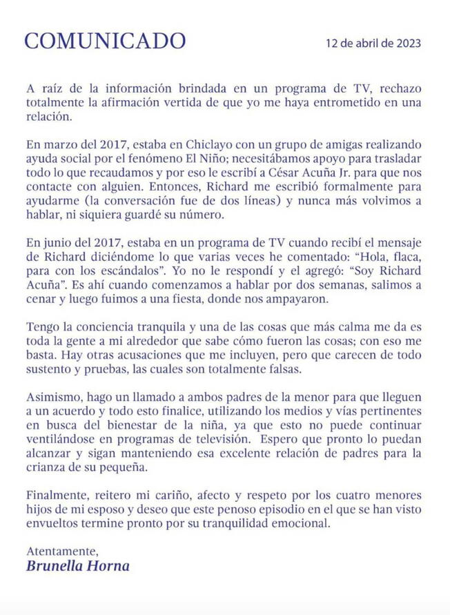 Este fue el documento que publicó Brunella Horna en sus redes sociales. | Foto: Instagram Brunella Horna   