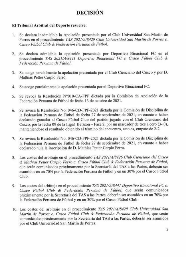 Primera parte de la resolución del TAS<br>   