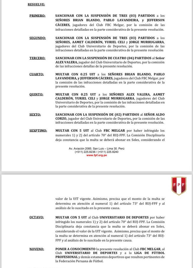  Resolución de la Comisión de Disciplina. Foto: FPF    