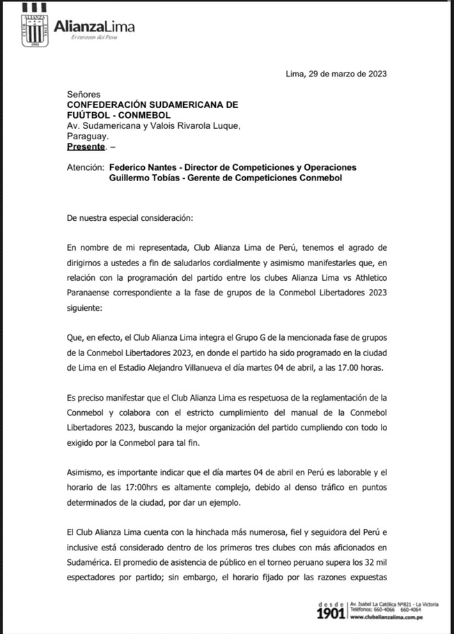 Alianza Lima pide a Conmebol cambiar hora del partido porque 