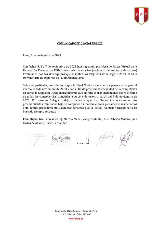 El comunicado de la FPF sobre los reclamos de Alianza Lima y Universitario.   