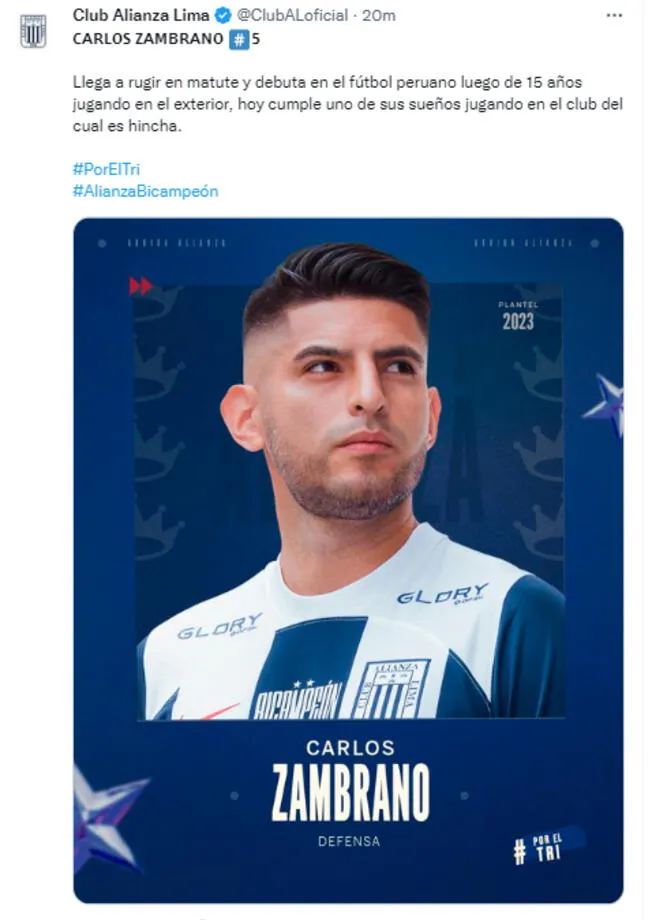 Alianza Lima hace oficial el fichaje del defensa Carlos Zambrano