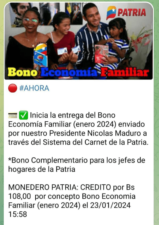 El Bono Economía Familiar llegó en enero 2024.   