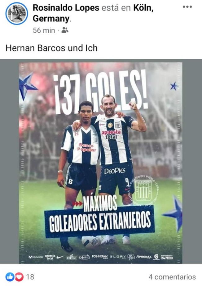 Rosinaldo Lopes compartió la imagen de Alianza Lima que anuncia que igualaron su récord.   