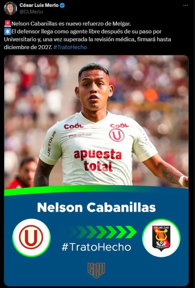  El contrato de Cabanillas con Universitario vence a finales del 2024.    
