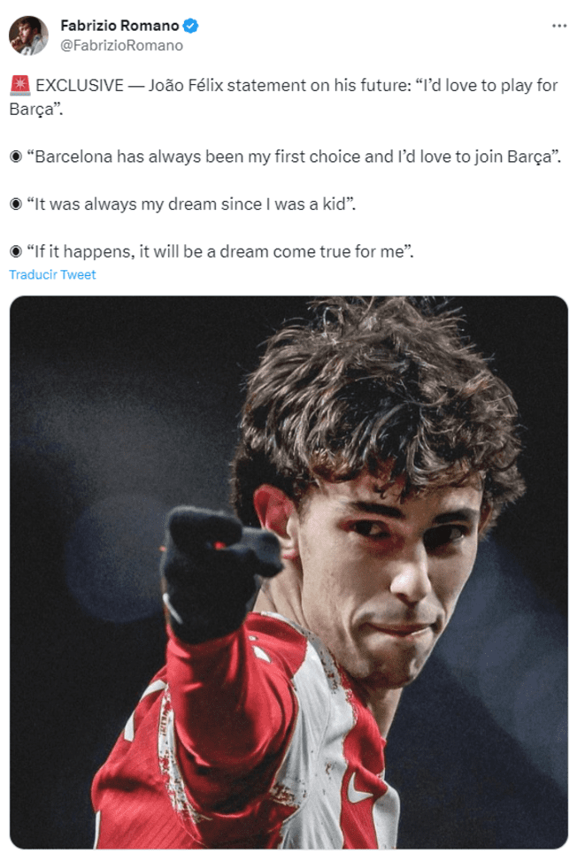  João Félix quiere ser futbolista del FC Barcelona. Foto: Twitter Fabrizio Romano   