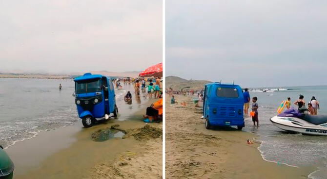 Un bañista captó el preciso instante en que un mototaxista se estacionó en la arena por unos segundos.