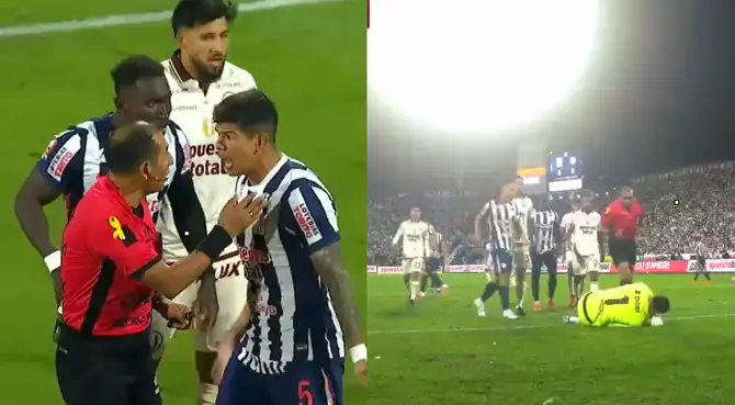 Árbitro Mike Palomino cobró falta polémica a favor de Universitario y todos los jugadores de Alianza Lima reclamaron