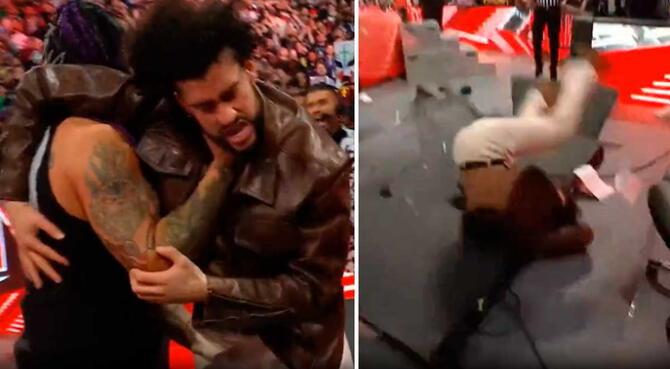 Damian Priest usó a Bad Bunny para romper una de las mesas de los comentaristas en Raw. Foto: WWE / BT Sport