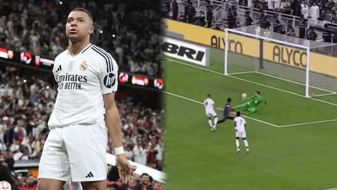 Mbappé cruzó su remate y anotó el primero del Real Madrid ante Barcelona.